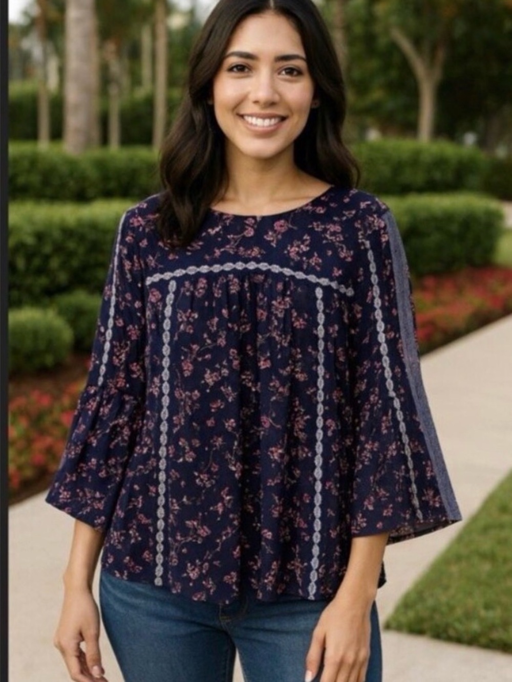 J. Jill Navy Floral Lace-Trim Peasant Blouse